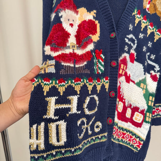 1996 AOP Navy Blue Christmas Knit Cardigan (M)