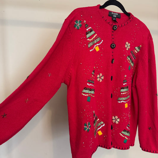 Christmas Bedazzled Red Button Up Cardigan with Wreathe Buttons (3XL)