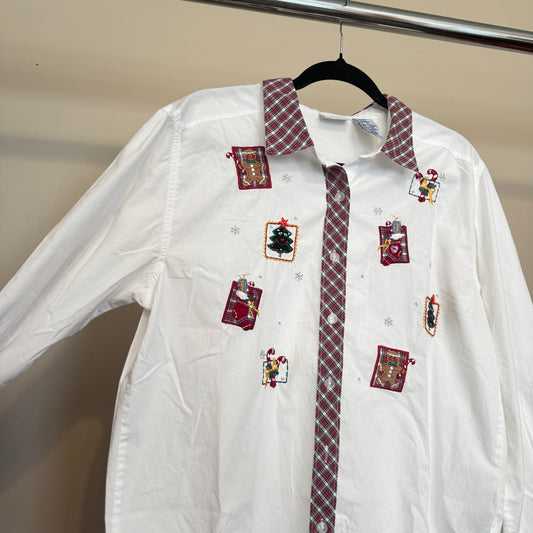 Christmas Patches Button up White Shirt with Plaid Trim (L)