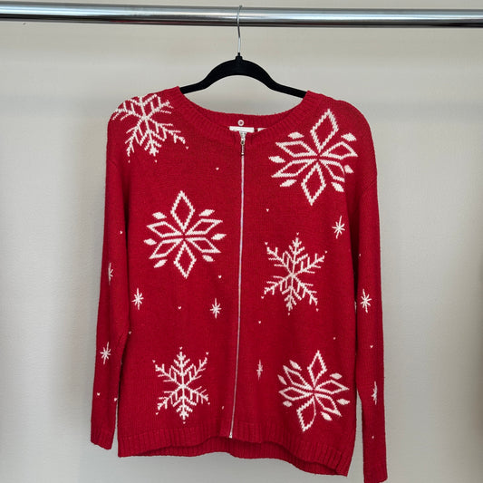 Vintage AOP Snowflakes Red Zip Up Sweater (M)