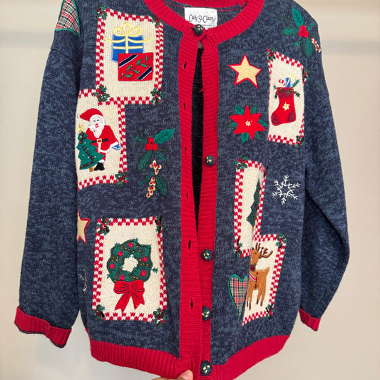 Patchwork Christmas Heathered Blue Cardigan (M)