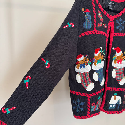 Vintage Christmas Teddy Bears in Stockings Cardigan (XL)