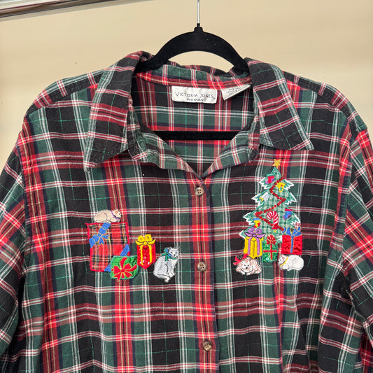 Christmas Plaid Kitty & Gifts Embroidered Button Up Shirt (2XL)