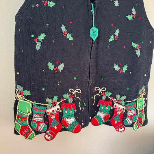 Vintage Mistletoe & Stockings Cardigan Sweater Vest (L)