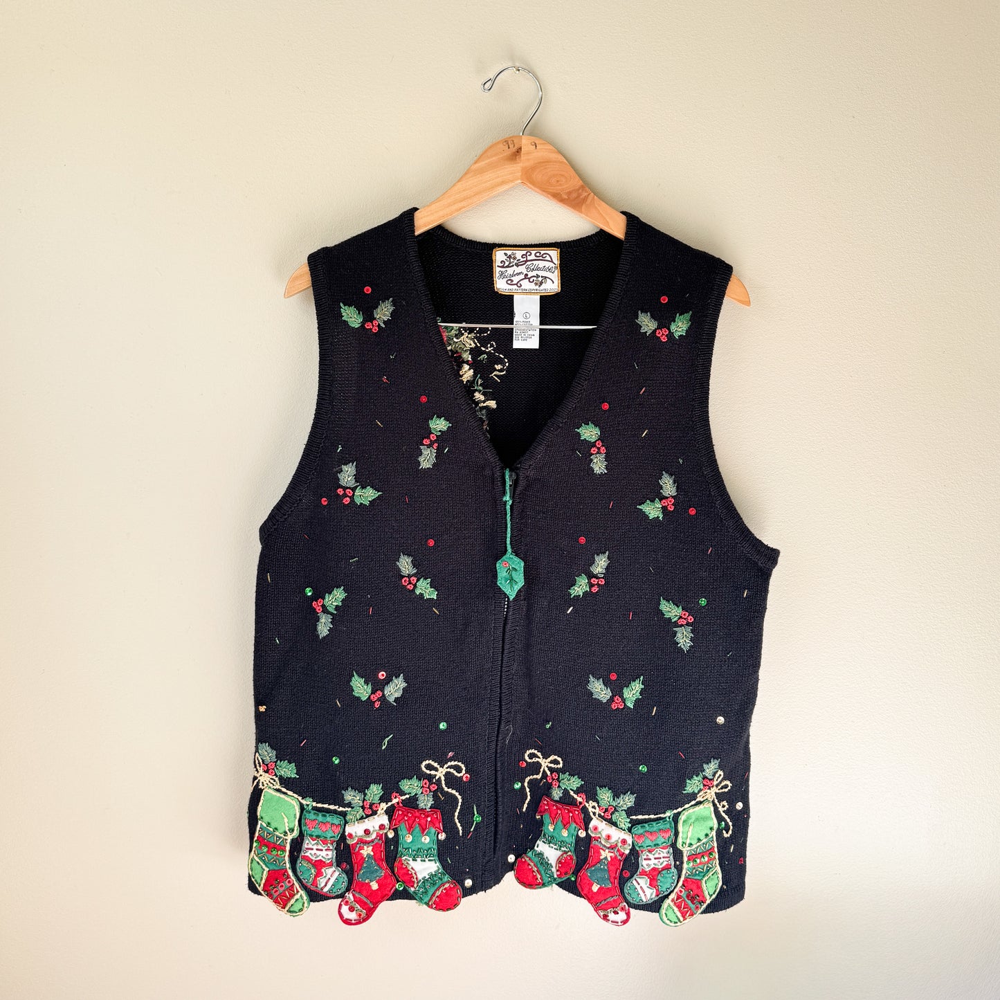 Vintage Mistletoe & Stockings Cardigan Sweater Vest (L)