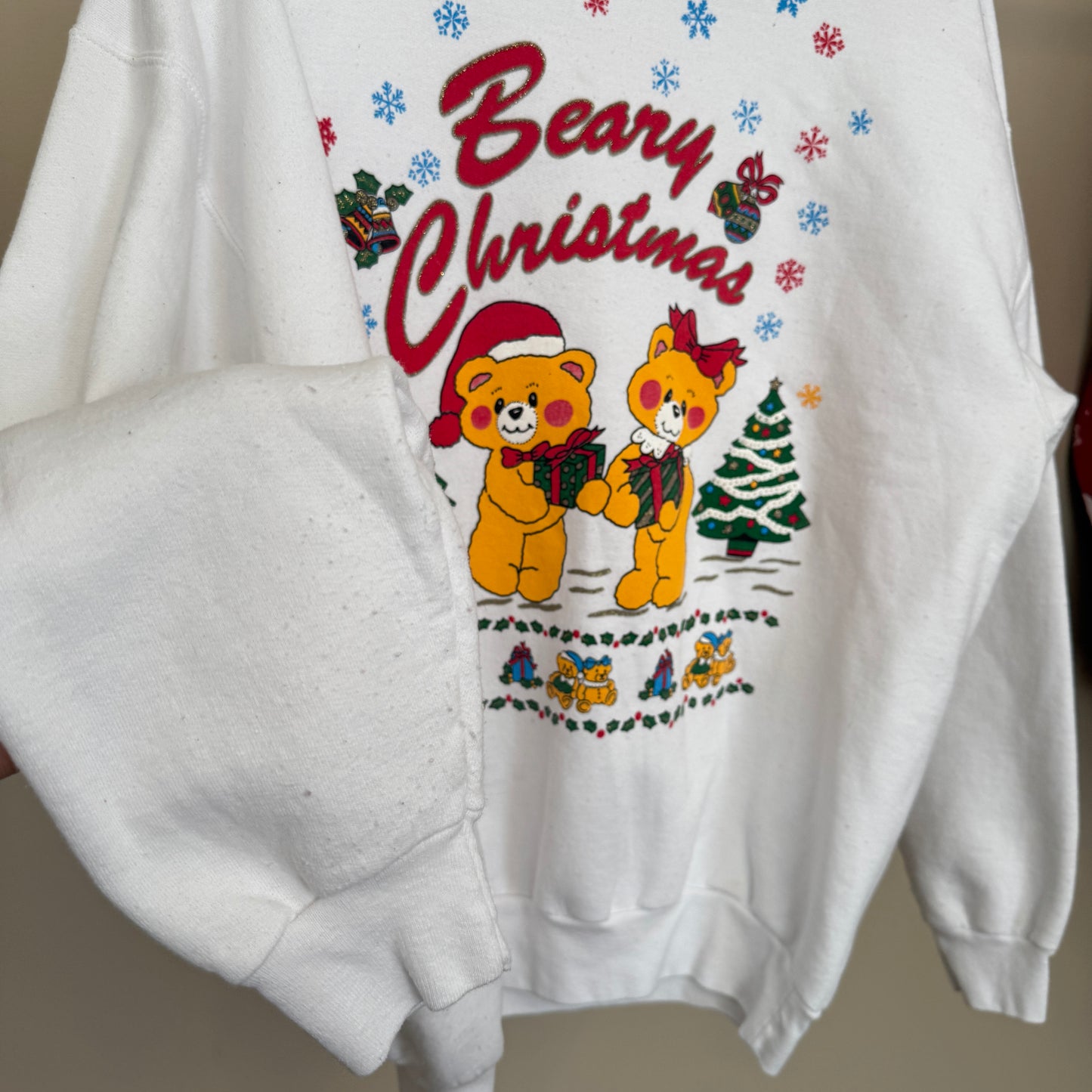 A “Beary Christmas” White Fleece Sweater with Puffy Paint & Gel Details (L)