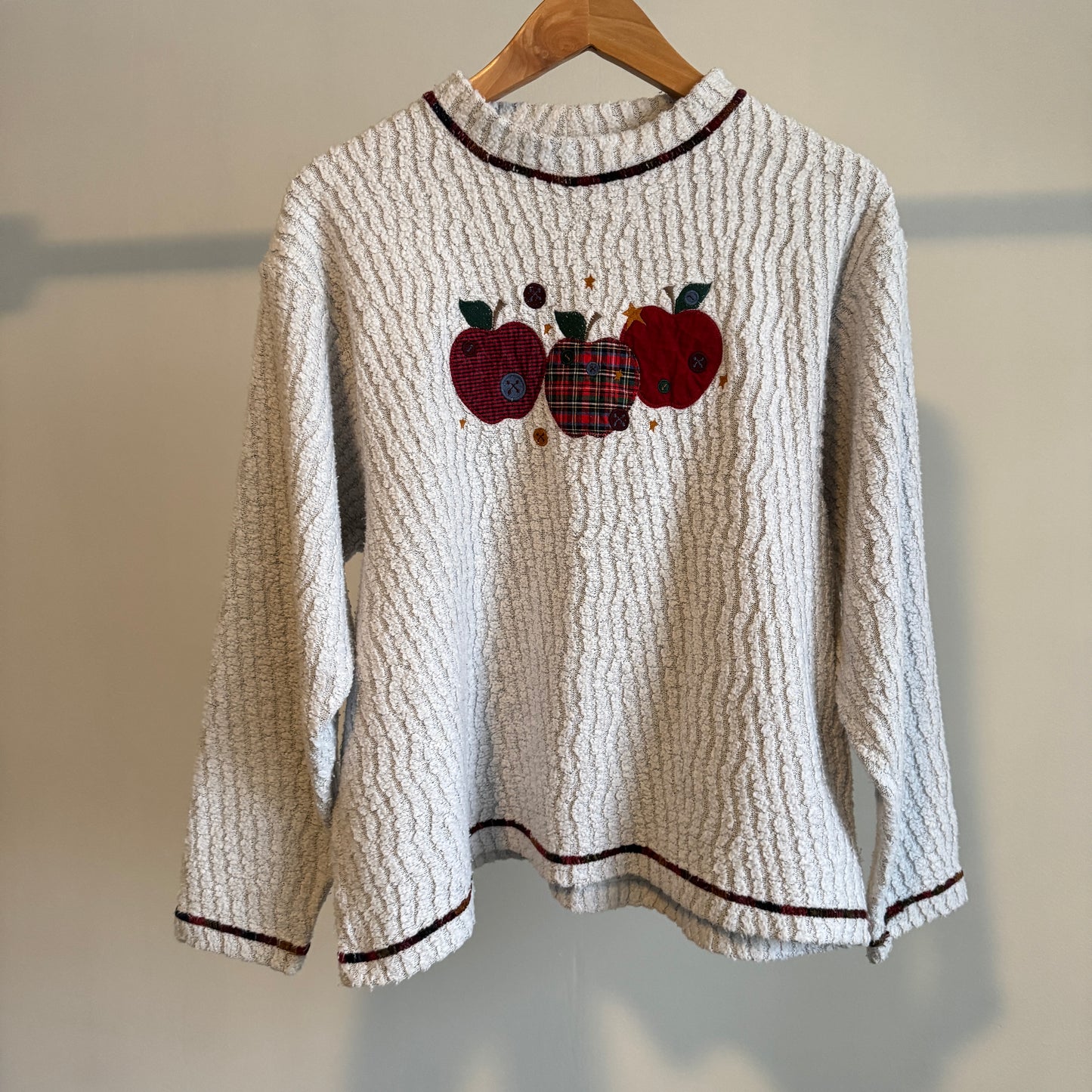Beige Textured Sweater with Apple Appliques