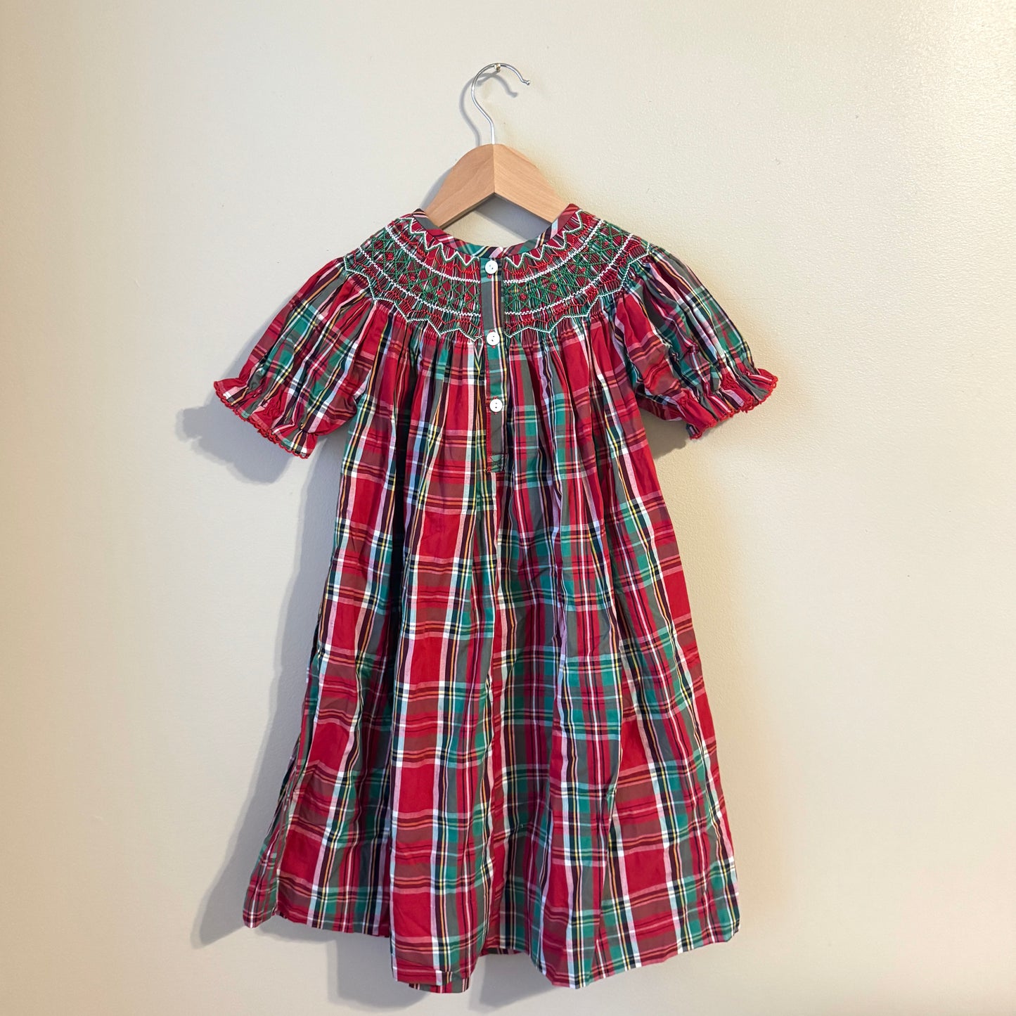 Red & Green Smocked Tartan Bishop Dress (4T)