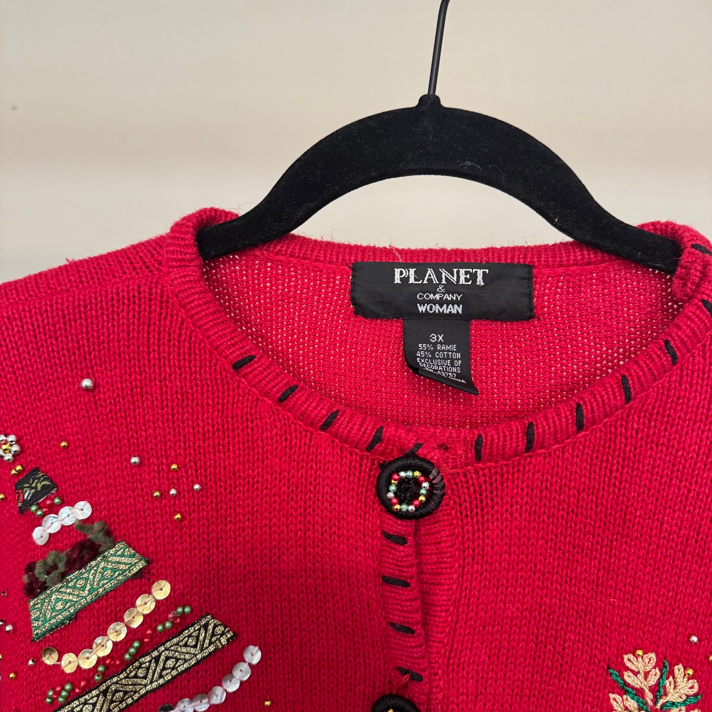 Christmas Bedazzled Red Button Up Cardigan with Wreathe Buttons (3XL)