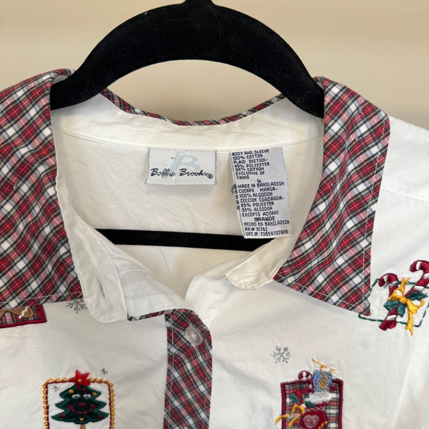 Christmas Patches Button up White Shirt with Plaid Trim (L)