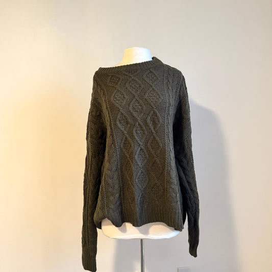 Dark Green Cable Knit Crewneck Sweater (1XL)