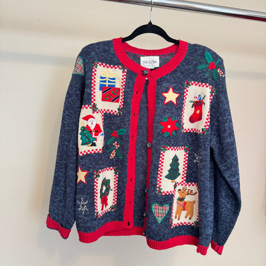 Patchwork Christmas Heathered Blue Cardigan (M)