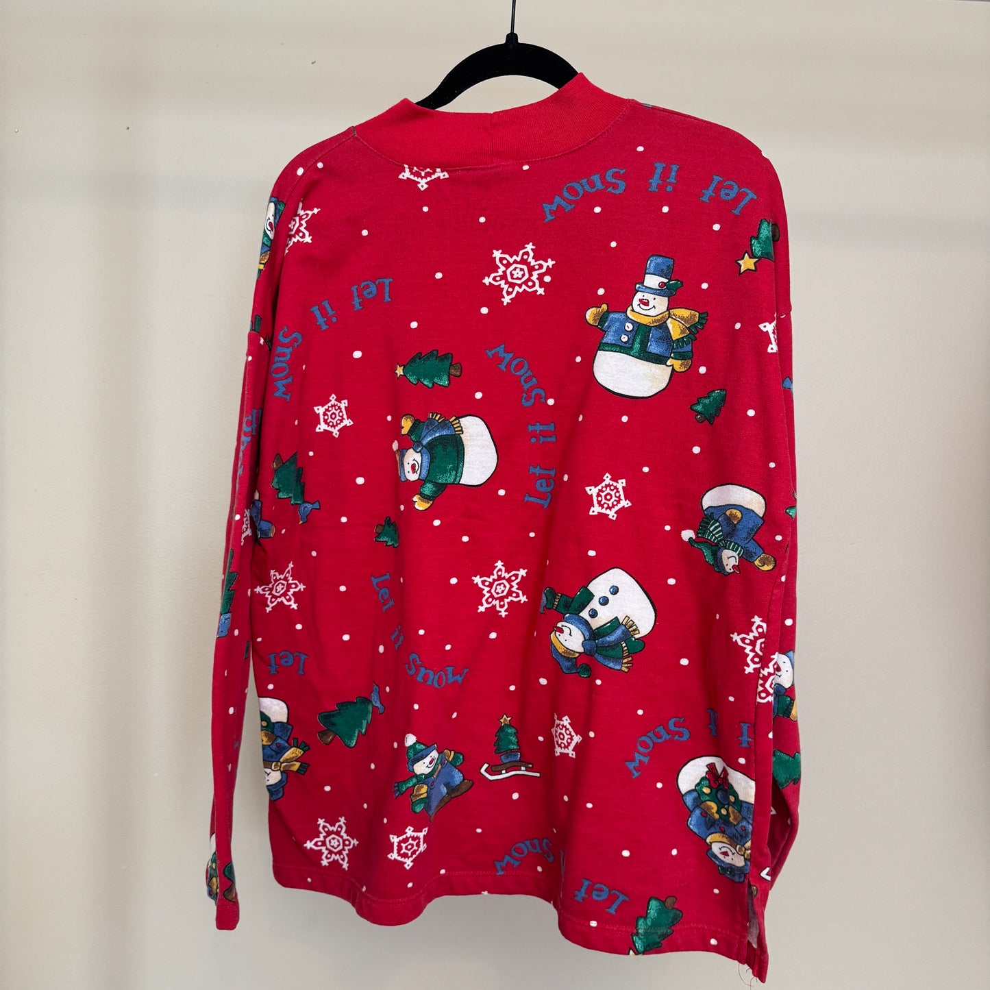 90s AOP Snowman “Let It Snow” Red Fleece Lightweight Sweater (L)