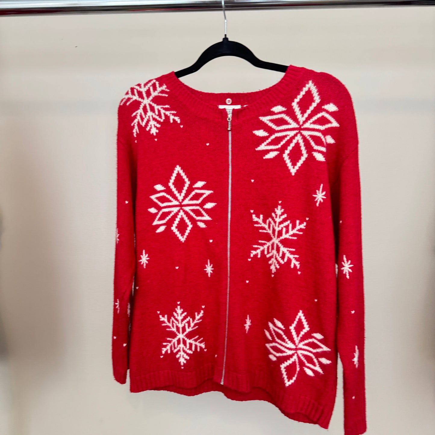 Vintage AOP Snowflakes Red Zip Up Sweater (M)