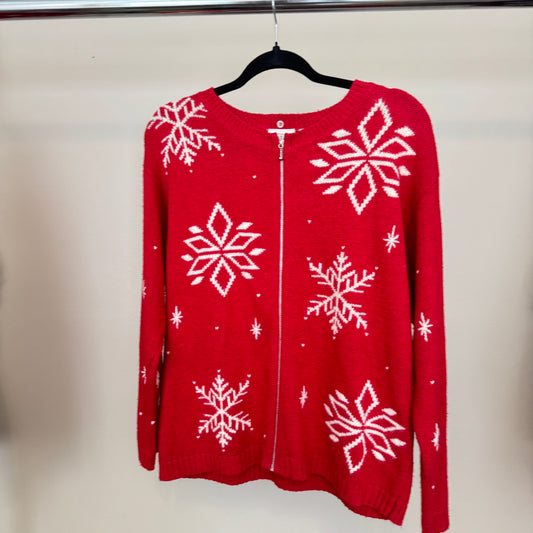 Vintage AOP Snowflakes Red Zip Up Sweater (M)