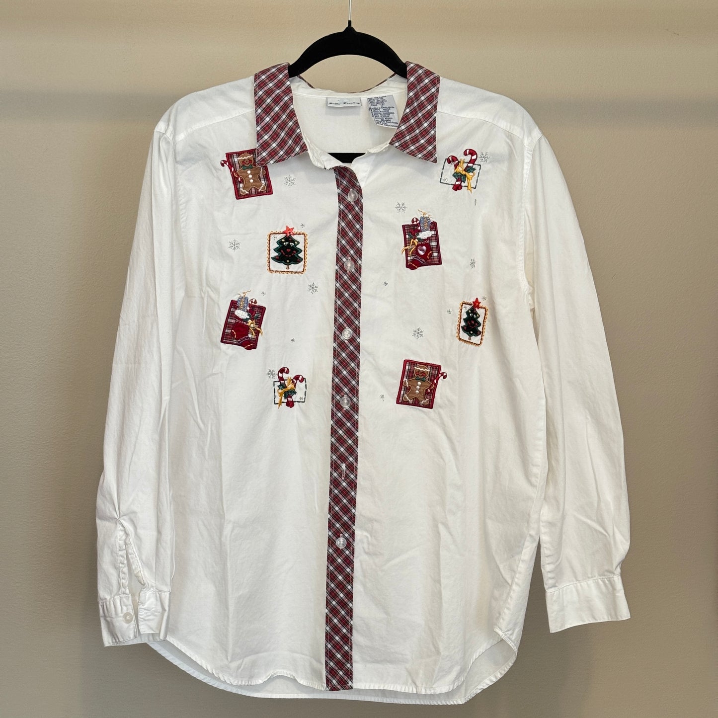 Christmas Patches Button up White Shirt with Plaid Trim (L)