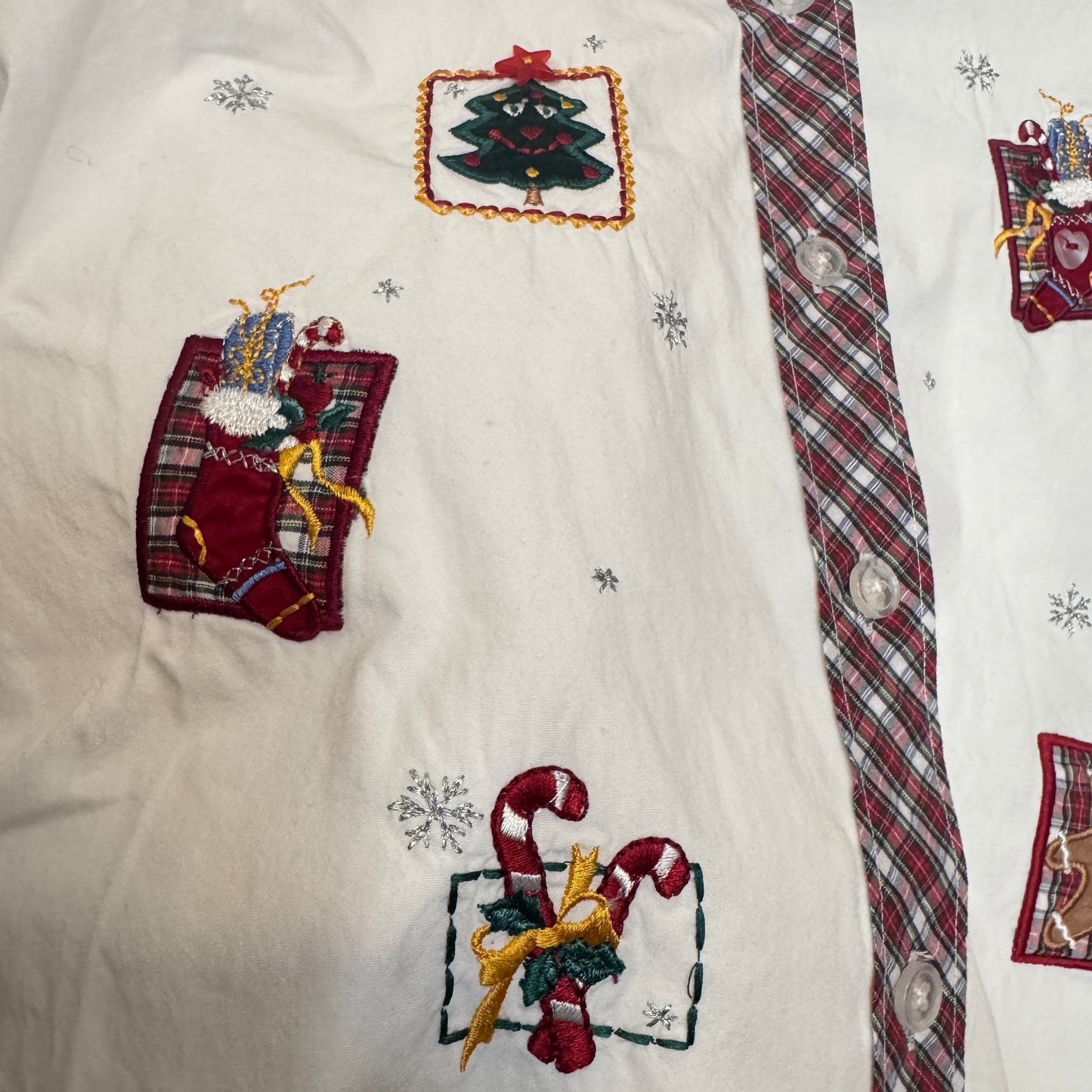 Christmas Patches Button up White Shirt with Plaid Trim (L)