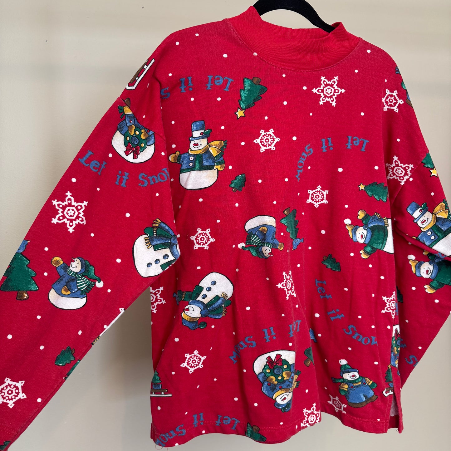 90s AOP Snowman “Let It Snow” Red Fleece Lightweight Sweater (L)