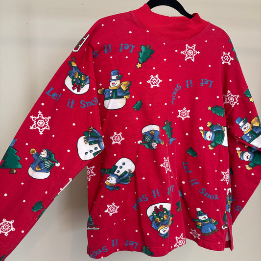 90s AOP Snowman “Let It Snow” Red Fleece Lightweight Sweater (L)