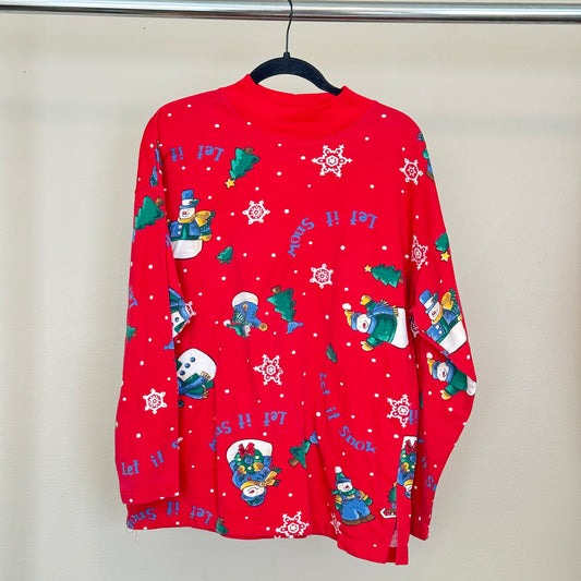90s AOP Snowman “Let It Snow” Red Fleece Lightweight Sweater (L)
