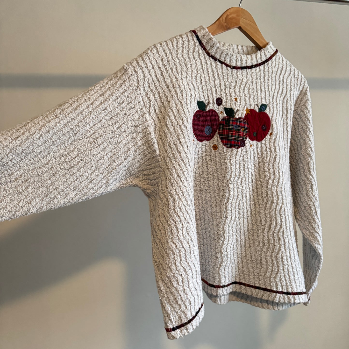 Beige Textured Sweater with Apple Appliques