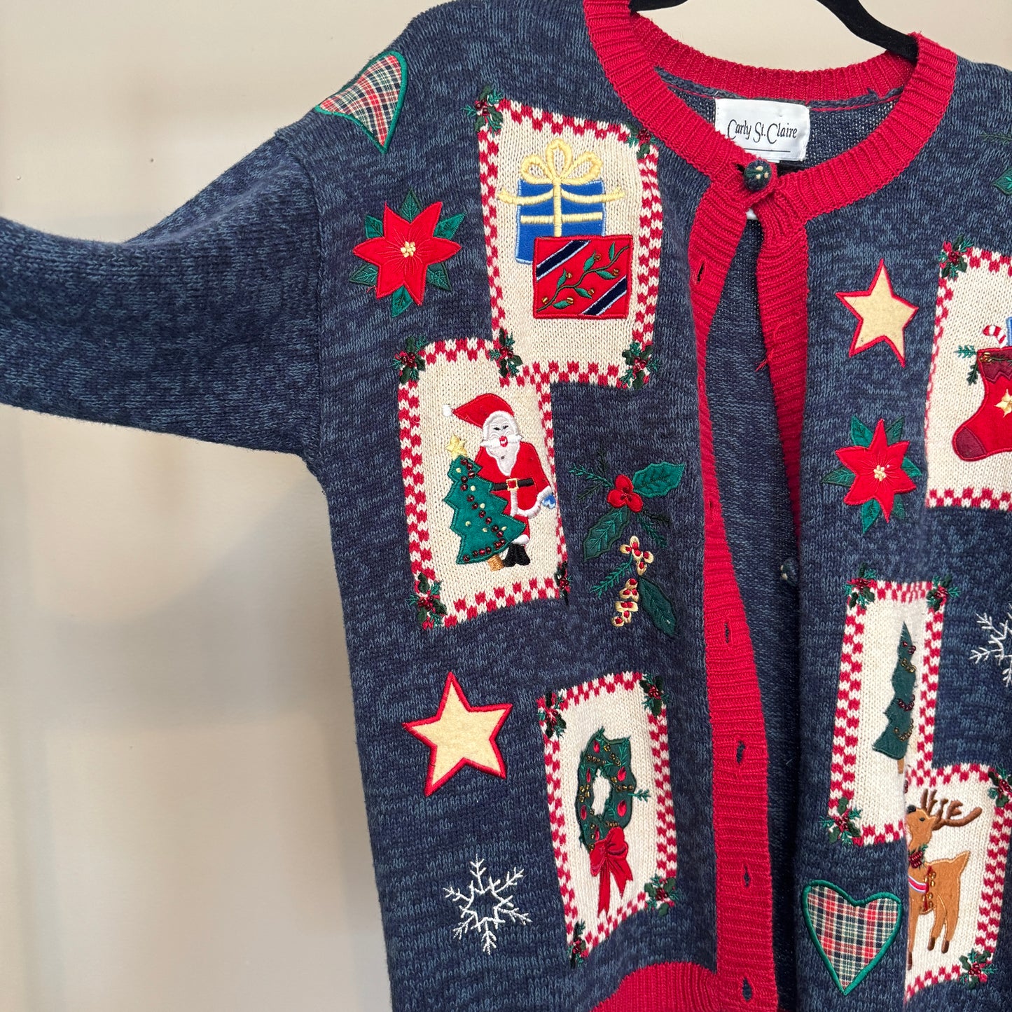 Patchwork Christmas Heathered Blue Cardigan (M)