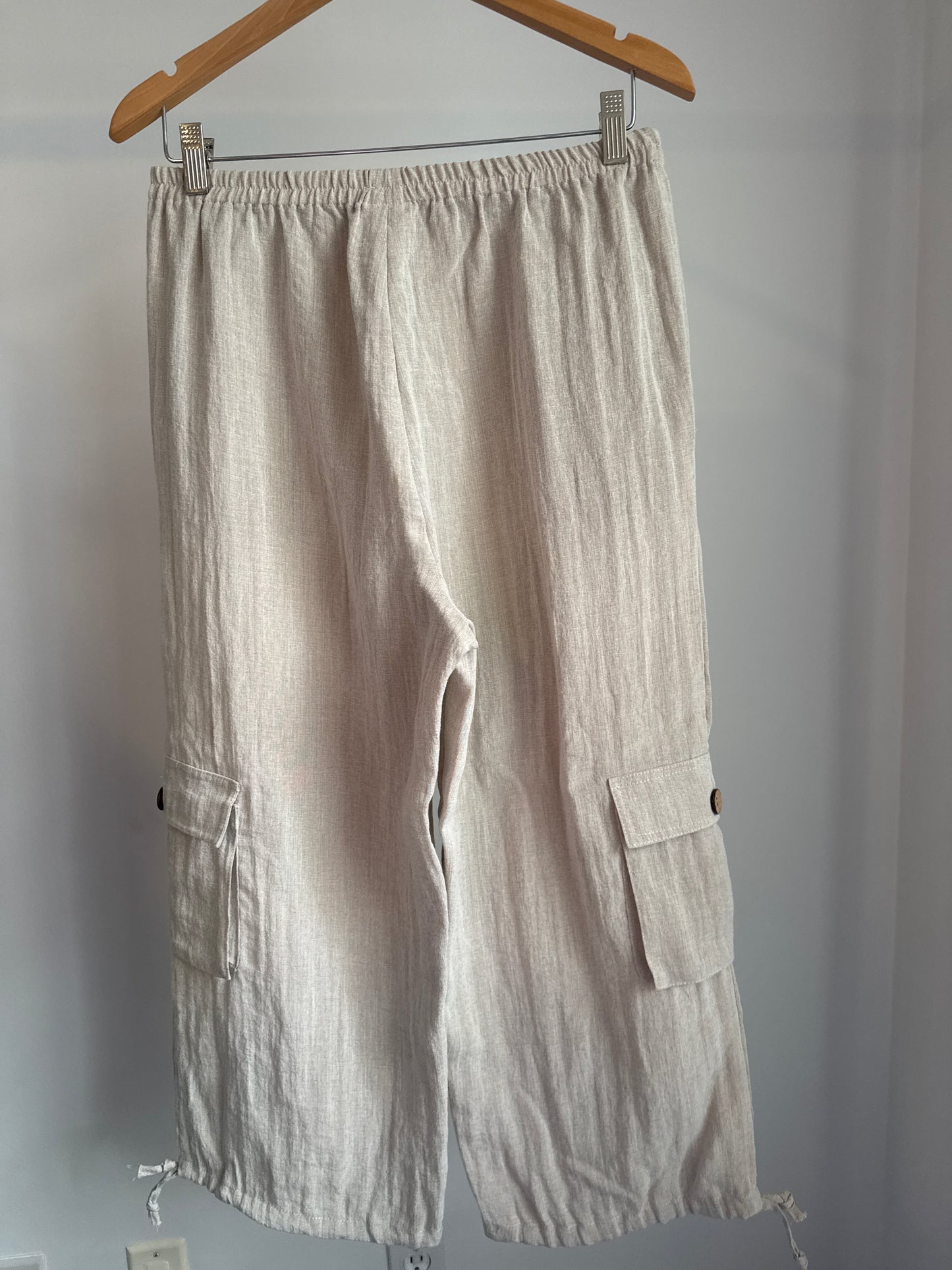 Beige Wide Leg Linen Pull on Pants