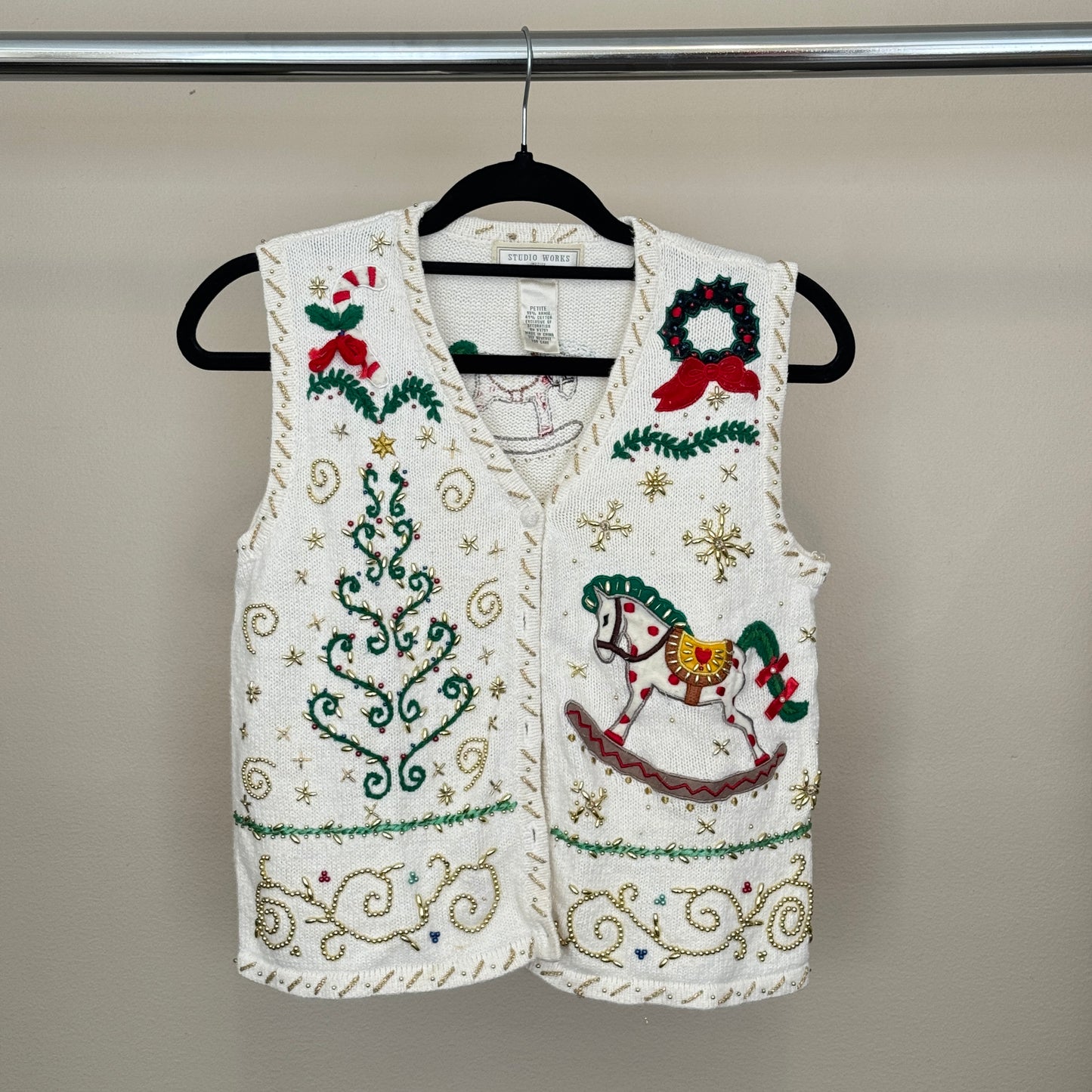 Vintage White Christmas & Rocking Horse Sweater Vest (S)