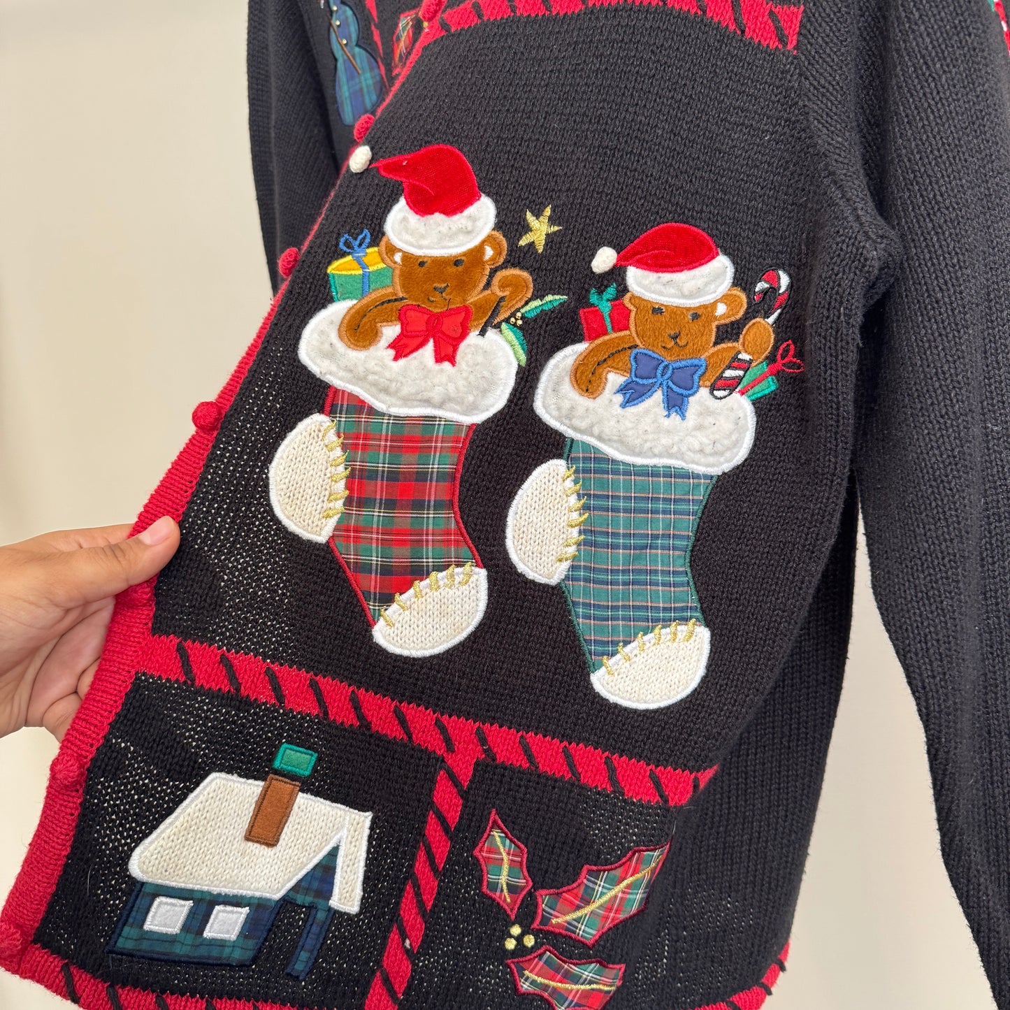 Vintage Christmas Teddy Bears in Stockings Cardigan (XL)