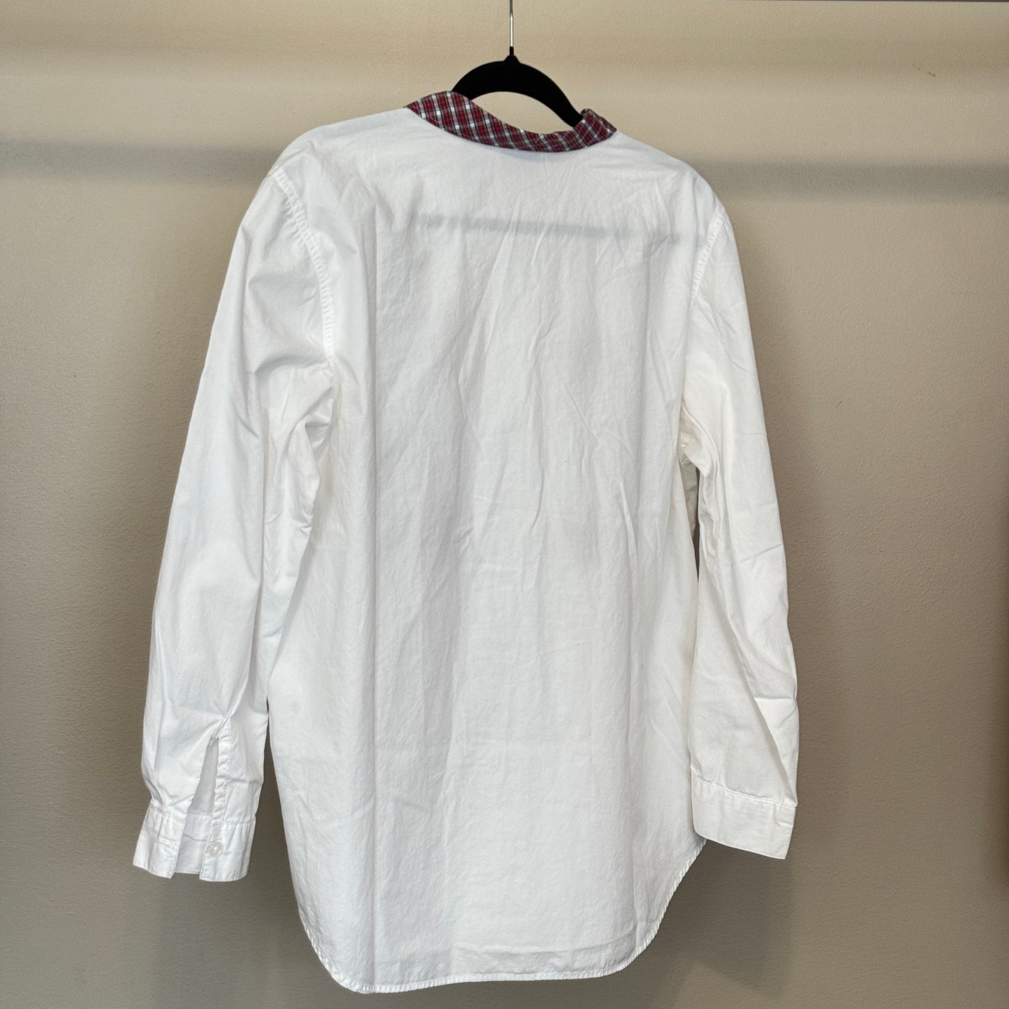 Christmas Patches Button up White Shirt with Plaid Trim (L)