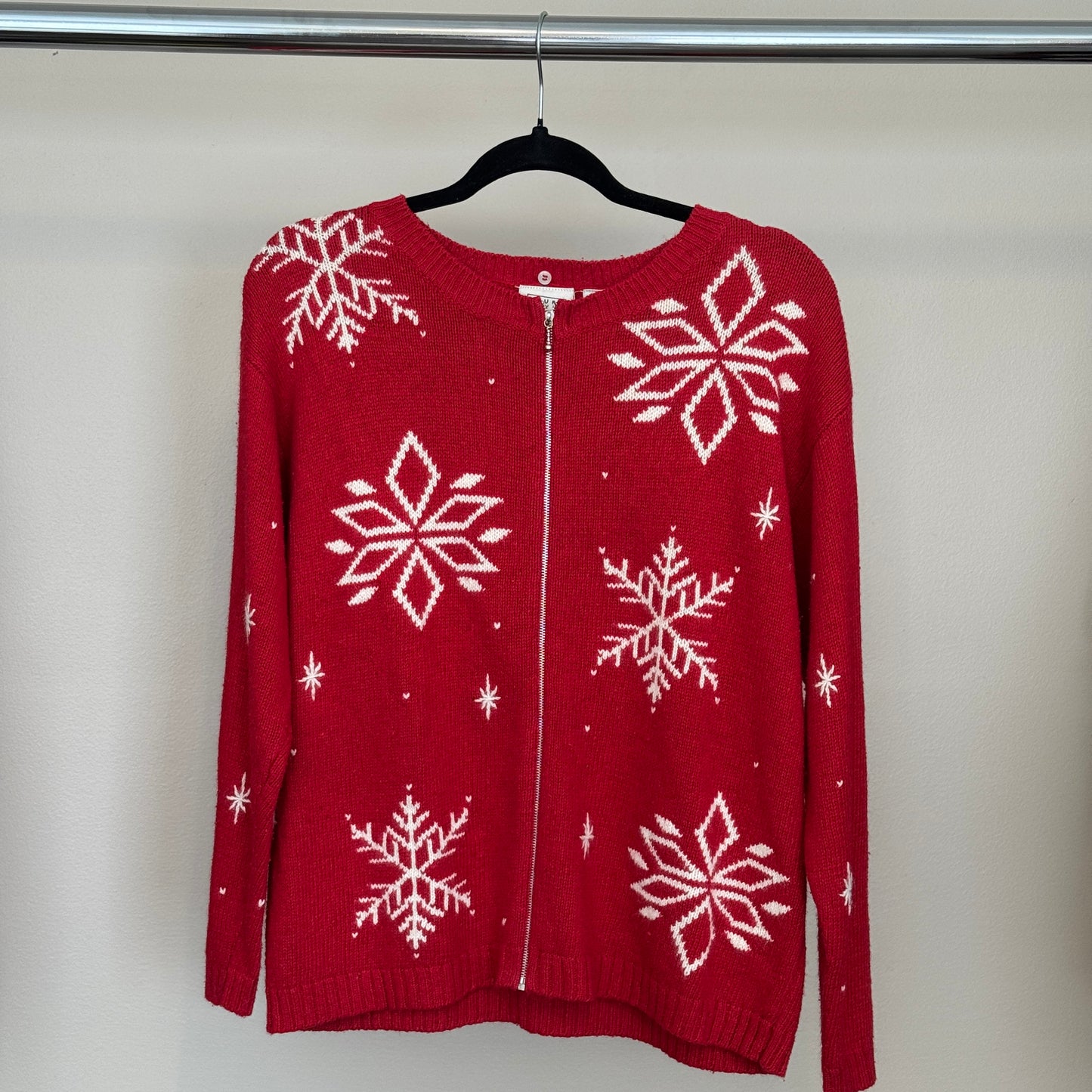 Vintage AOP Snowflakes Red Zip Up Sweater (M)