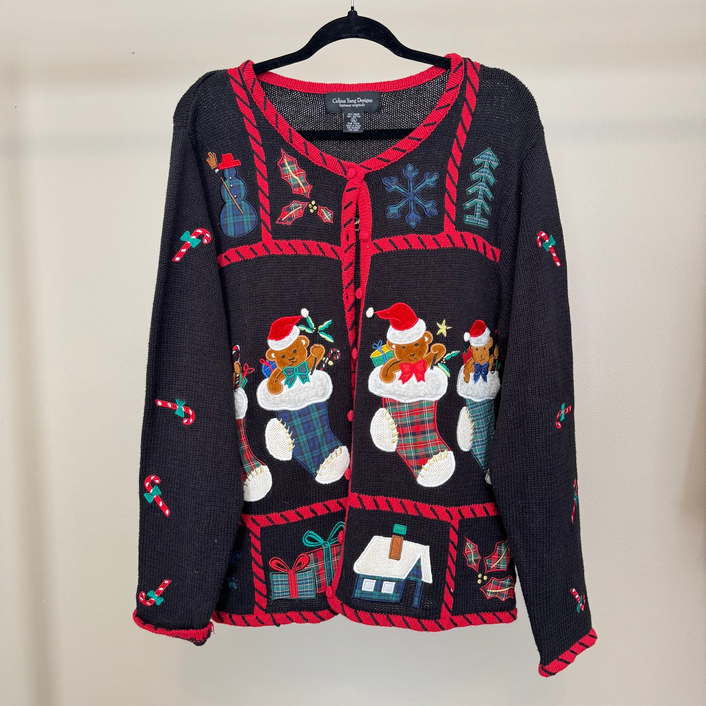 Vintage Christmas Teddy Bears in Stockings Cardigan (XL)