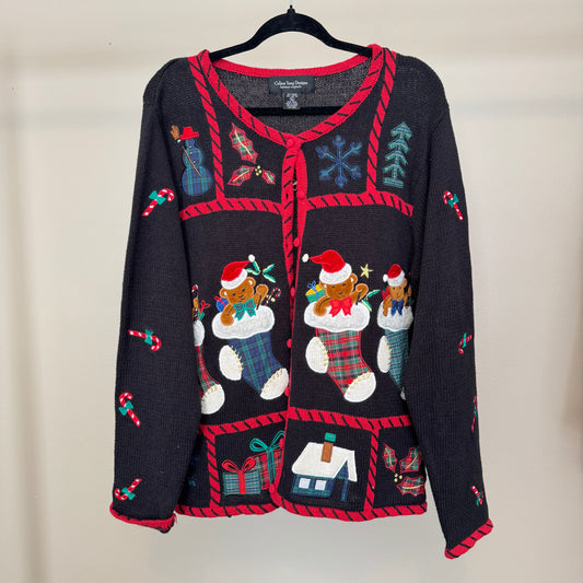 Vintage Christmas Teddy Bears in Stockings Cardigan (XL)