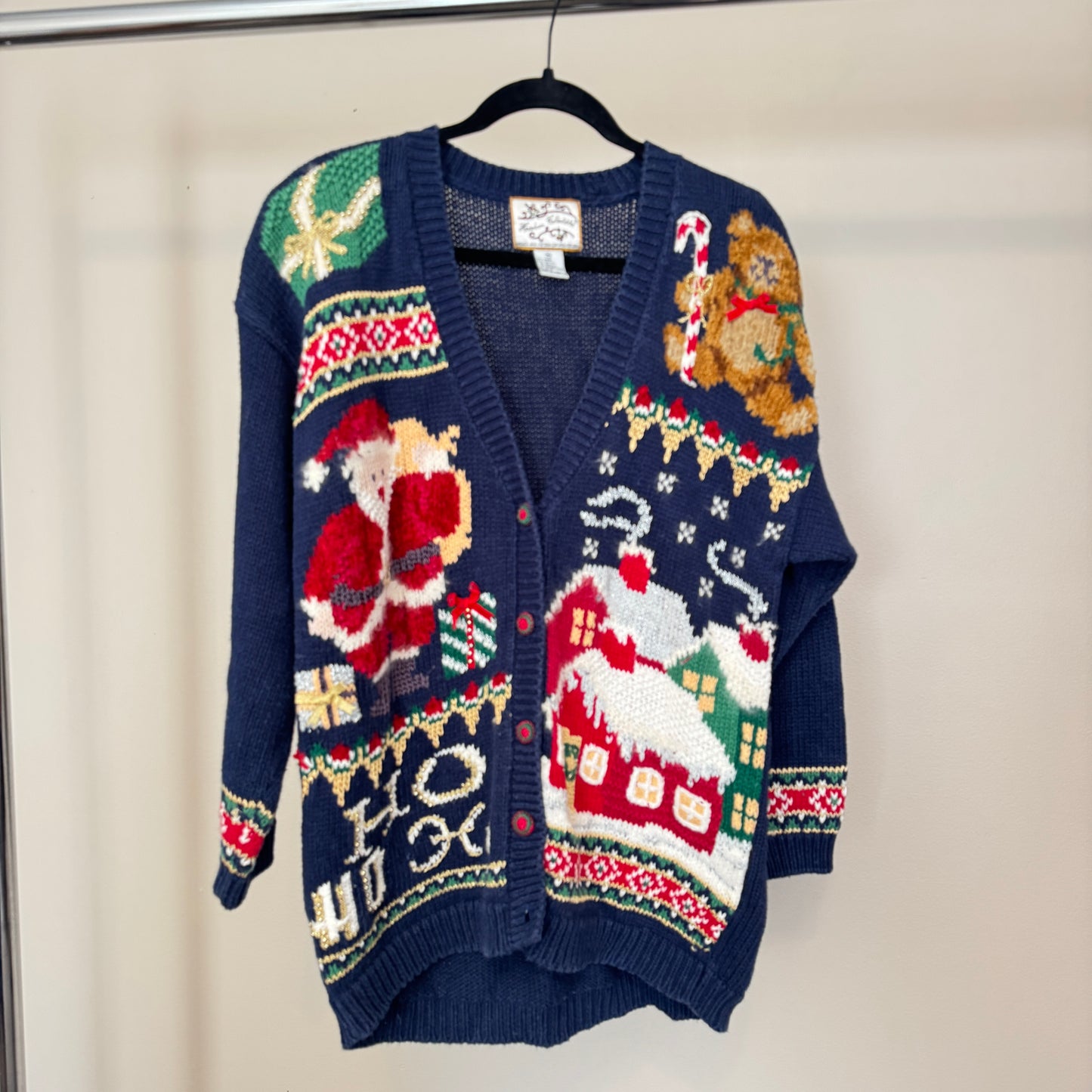 1996 AOP Navy Blue Christmas Knit Cardigan (M)