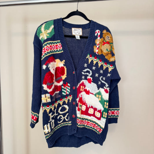 1996 AOP Navy Blue Christmas Knit Cardigan (M)