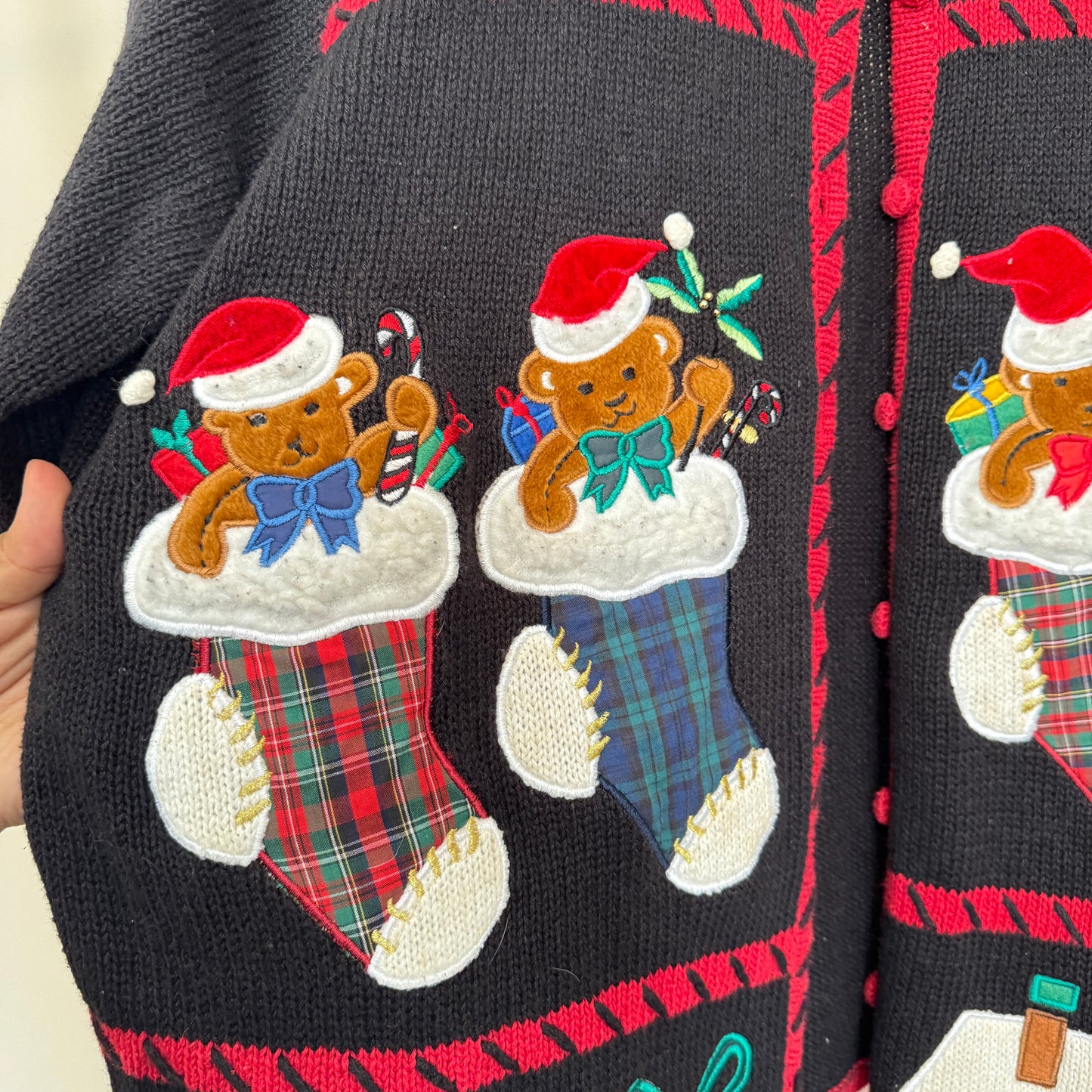 Vintage Christmas Teddy Bears in Stockings Cardigan (XL)