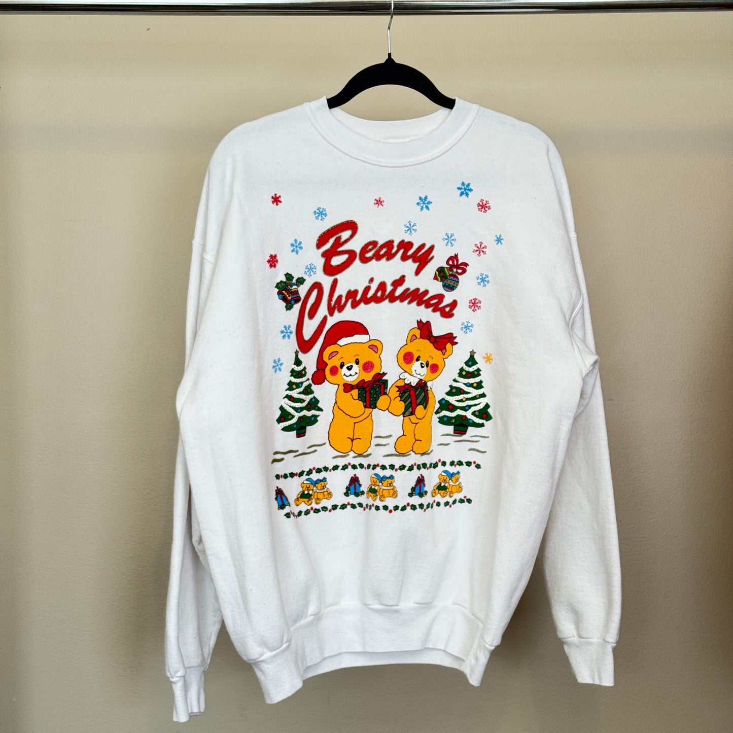 A “Beary Christmas” White Fleece Sweater with Puffy Paint & Gel Details (L)