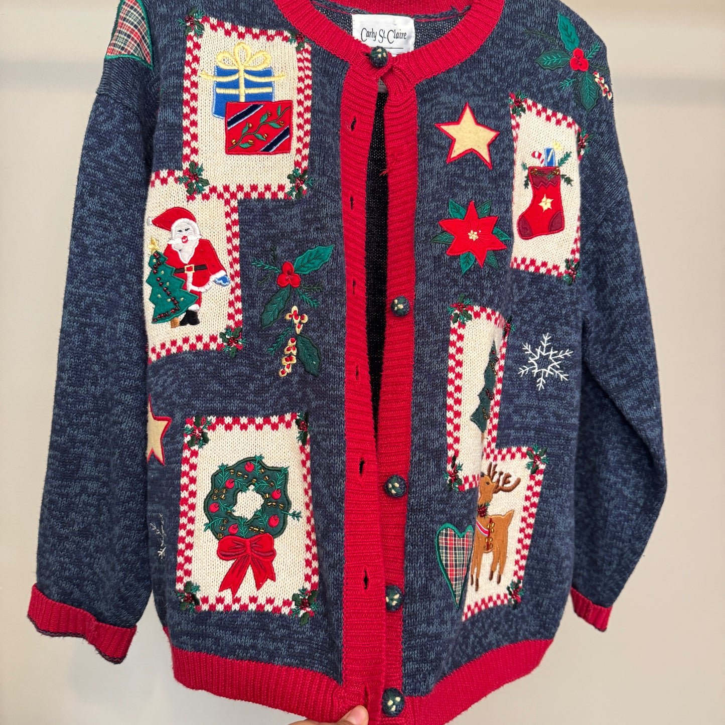 Patchwork Christmas Heathered Blue Cardigan (M)