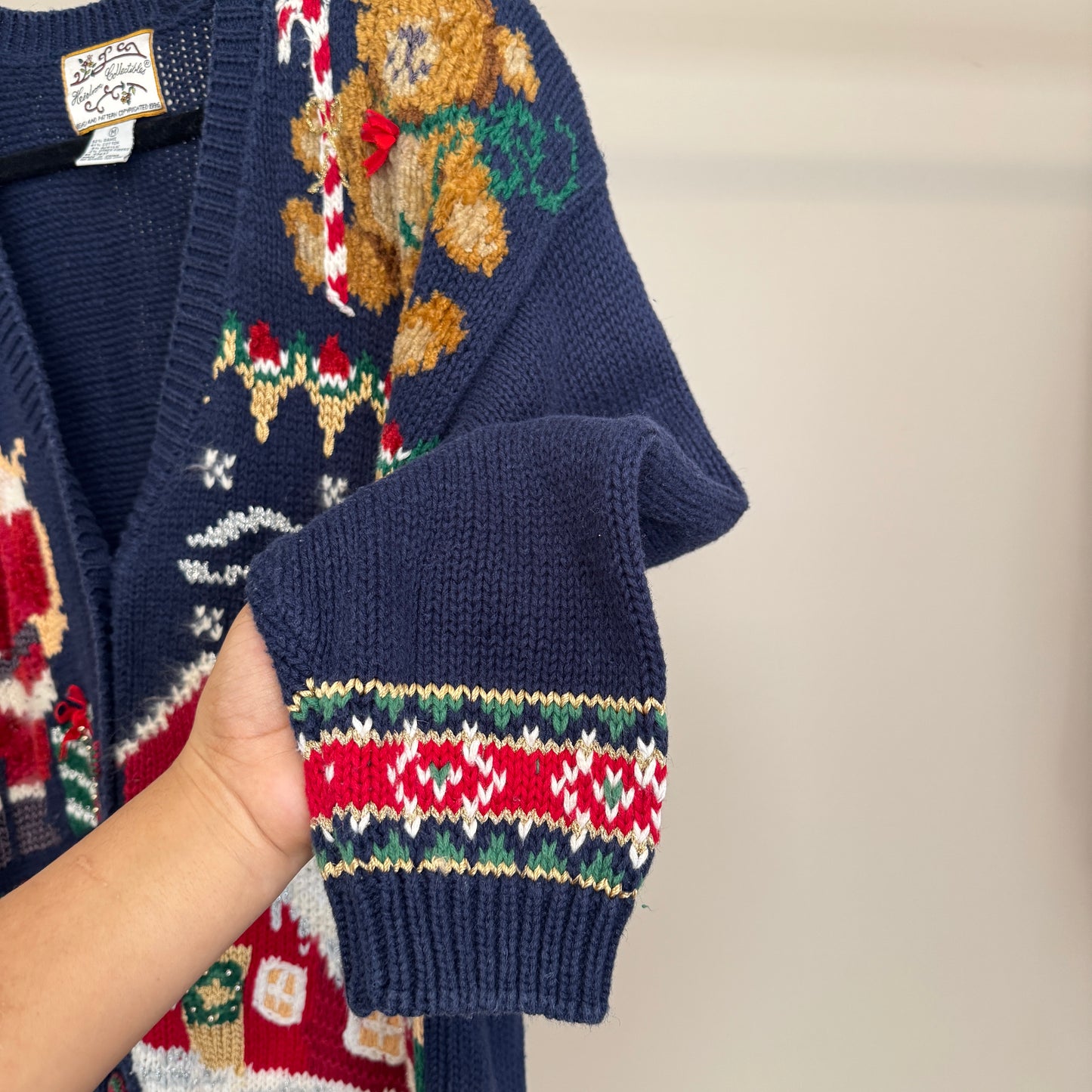 1996 AOP Navy Blue Christmas Knit Cardigan (M)