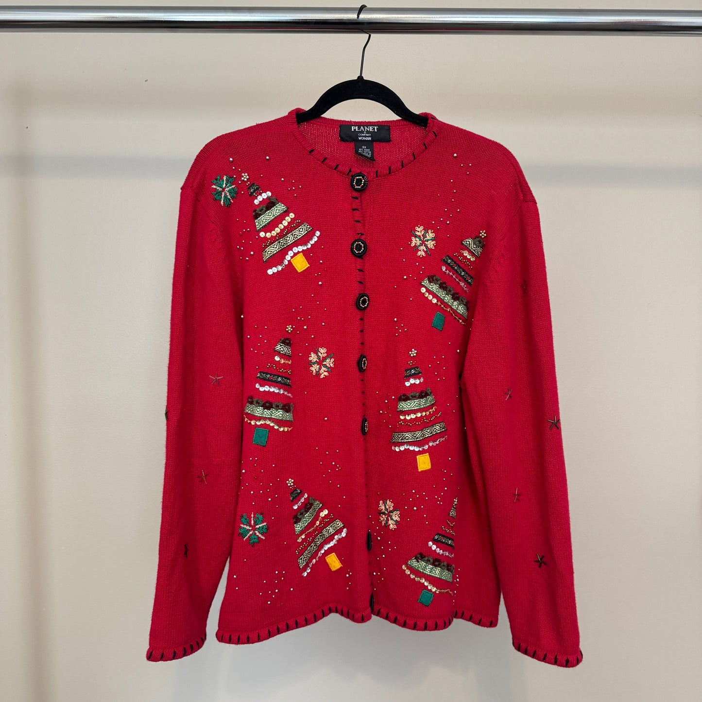 Christmas Bedazzled Red Button Up Cardigan with Wreathe Buttons (3XL)