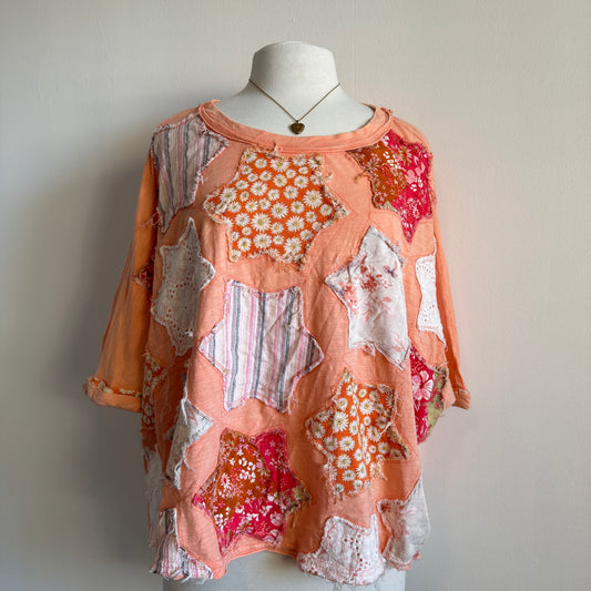 Orange Patchwork Boxy Fit Boho Style Top