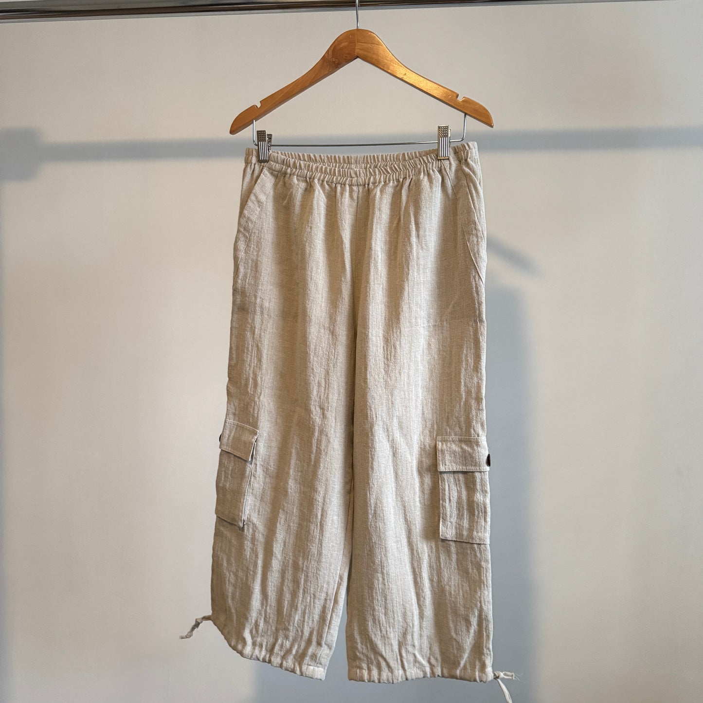 Beige Wide Leg Linen Pull on Pants