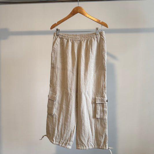 Beige Wide Leg Linen Pull on Pants