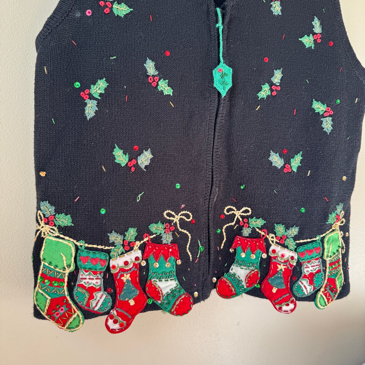 Vintage Mistletoe & Stockings Cardigan Sweater Vest (L)